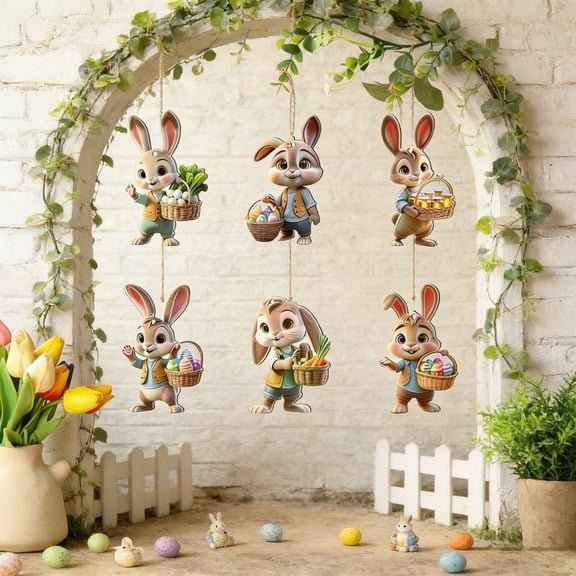RuiJiao 12 Pcs Wooden Easter Egg Decorations with Cute Bunny Patterns, Multicolor Hanging Ornaments for Outdoor Home Garden Easter Party Festival Decoration