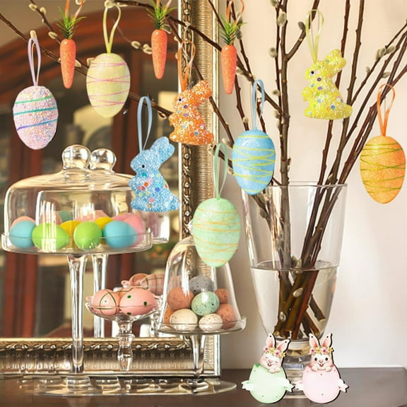 RuiJiao 24PC Easter Decoration Set with Colorful Foam Eggs, Bunnies, Carrots, Multicolor Plastic Holiday Pendants for Home Party Decor