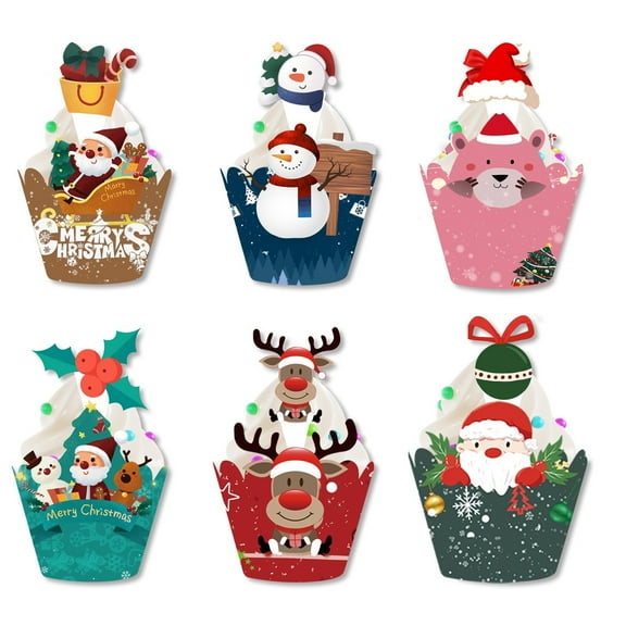 RuiJiao 24Pcs Christmas Cupcake Toppers and Wrappers Set, Santa Claus, Snowman, Reindeer, Elf Designs for Holiday Baking, Party Supplies, Festive Dessert Decorations