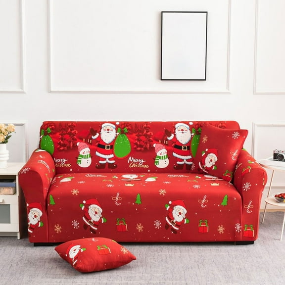 RuiJiao 3-Seater Elastic Sofa Cover 195-230cm, Stretchable Milk Silk Print Sofa Protector, Christmas Theme Washable Dustproof Slipcover for All-Season Furniture Protection