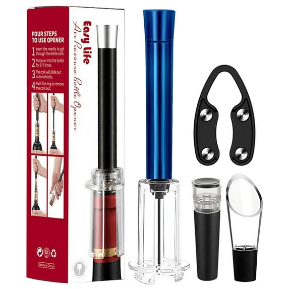 RuiJiao 4-Piece Portable Needle-Air Pressure Wine Opener Set with Foil Cutter, Vacuum Stopper and Pourer, Compact Bar Tool Gift