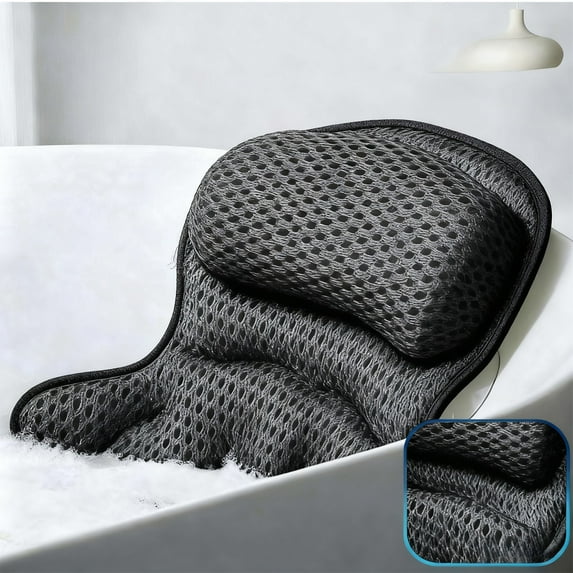 RuiJiao 4D Mesh Bath Pillow with Suction Cups, White and Dark Gray Polyester Bathtub Spa Pillow for Neck Head Back Support, Quick Dry Comfortable Bath Tub Pillow 46x42cm