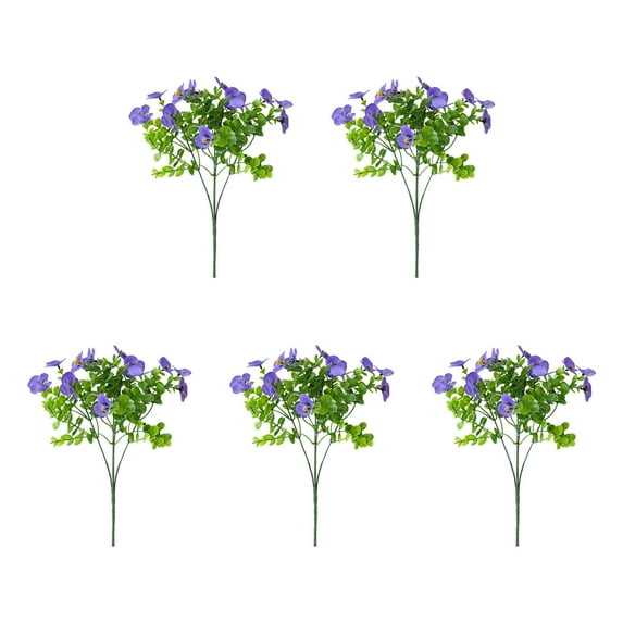 RuiJiao 5PC Artificial Flowers for Outdoor UV Resistant Fake Pansies Bulk Plastic Faux Plants Silk Florals Artificial Eucalyptus Leaves for Indoor Outside Home Office Garden Decor