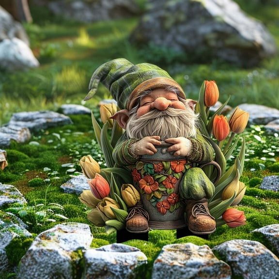 RuiJiao Acrylic Garden Gnome - Gnome Figurine with Tulips -Tall Flower Decor Outdoor Lawn Statue, Decoration Wear Ground Plug