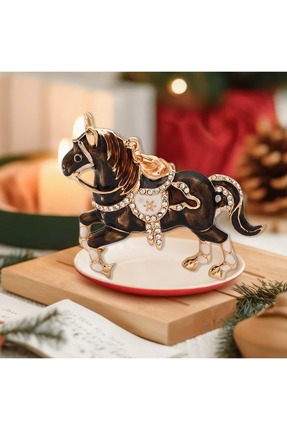 Alloy Horse Rhinestone Keychain with Elastic Clasp, Black/White/Red Cartoon Zodiac Car Pendant, Fashion Jewelry Accessories for Women Men (7x5.6cm)