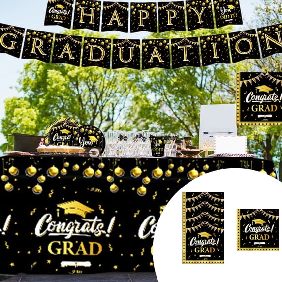 RuiJiao Black Graduation Party Paper Plates Set, 9 Pcs Disposable Tableware Kit with Napkins, Tablecloth, Banner for Decorations