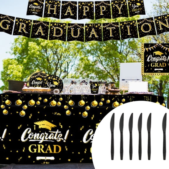 RuiJiao Black Graduation Party Paper Plates Set, 9 Pcs Disposable Tableware Kit with Napkins, Tablecloth, Banner for Decorations