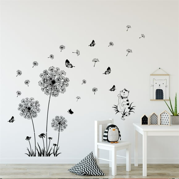 RuiJiao Blowing Dandelion Wall Decals Flying Flowers Butterflies Floral Peel and Stick Wall Art Stickers for Living Room Girls Bedroom TV Wall