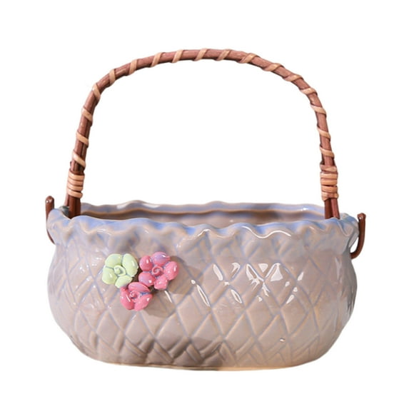 RuiJiao Ceramic Handheld Basket Planter,Multi-Use Decorative Flower Pot for Home Office Wedding Decor, Farmhouse Style Desktop Gardening Container for Succulents Plants