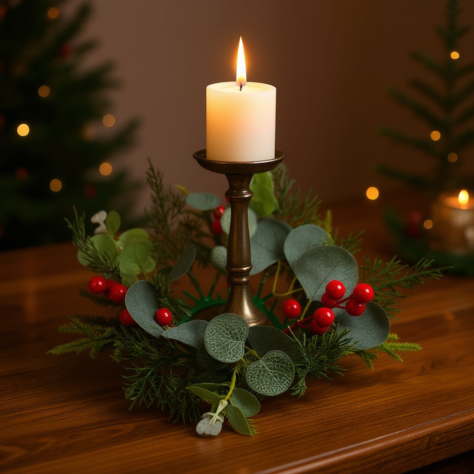 RuiJiao Christmas Candlestick Wreath with Red Berries Pine Cones and ...