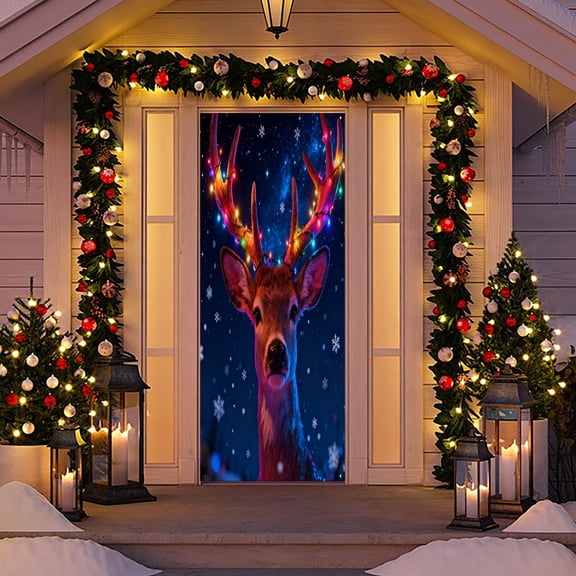 RuiJiao Christmas Door Cover Decoration, Polyester Holiday Door Hanging for Indoor/Outdoor, 35x71in Reusable Festive Tapestry, Merry Christmas Party Classroom Decor, Easy Install Durable Door Wrap