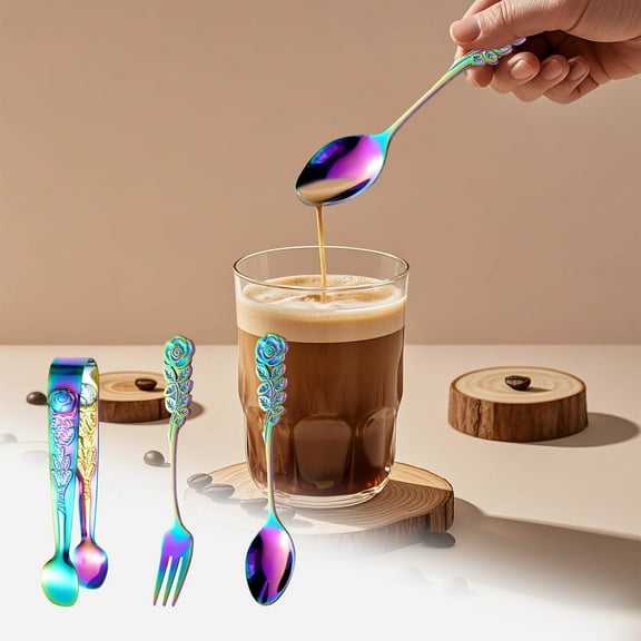 RuiJiao Rose Handle Spoon Fork, Stainless Steel Flatware for Coffee Tea Dessert Ice Cream Salad Vintage Pattern Appetizer