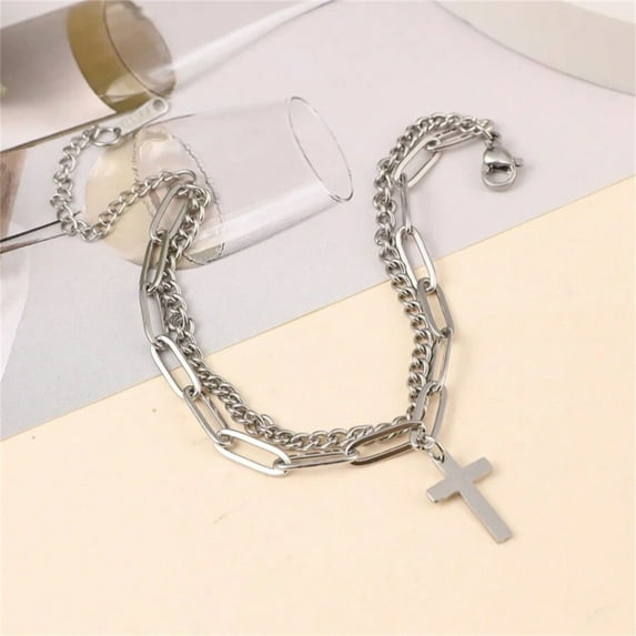 RuiJiao Unisex Stainless Steel Double Layer Pendant Bracelet - Fashionable Cross Charm for Men and Women