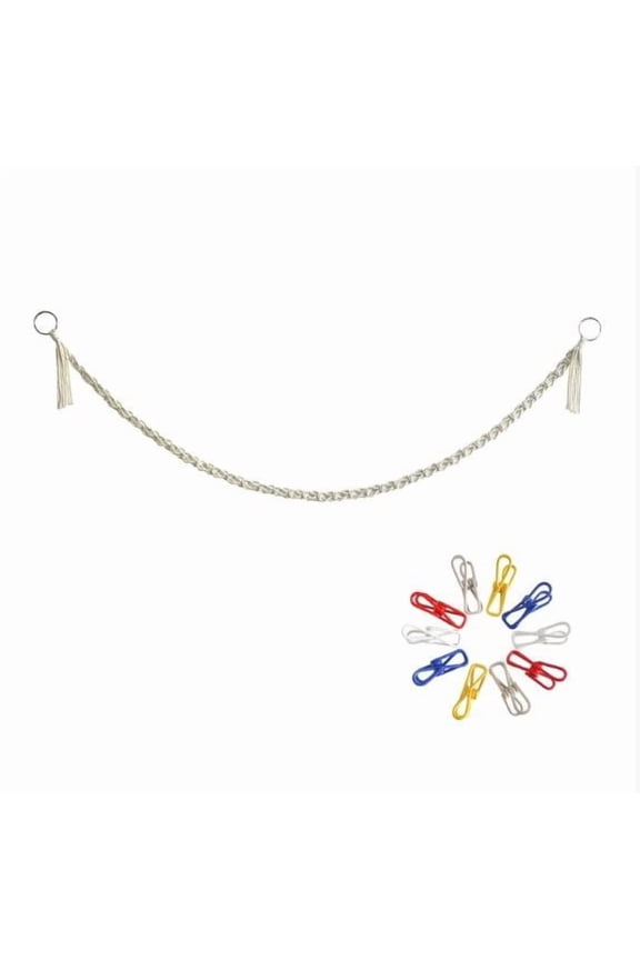 Cotton Rope Hanging Net with Wooden Beads for Stuffed Animals Storage, Plush Toy Organizer with 20 Stainless Steel Clips