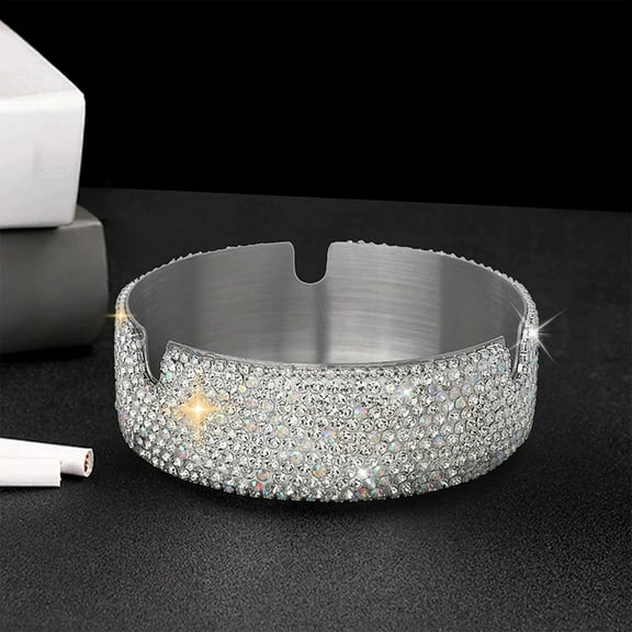 RuiJiao Crystal Rhinestone Ashtray Stainless Steel Silver, 3-Slot Desktop Ashtray with Hand-Set Rhinestones, Durable and Stylish Office Home Use (8.5x8.5x3cm)