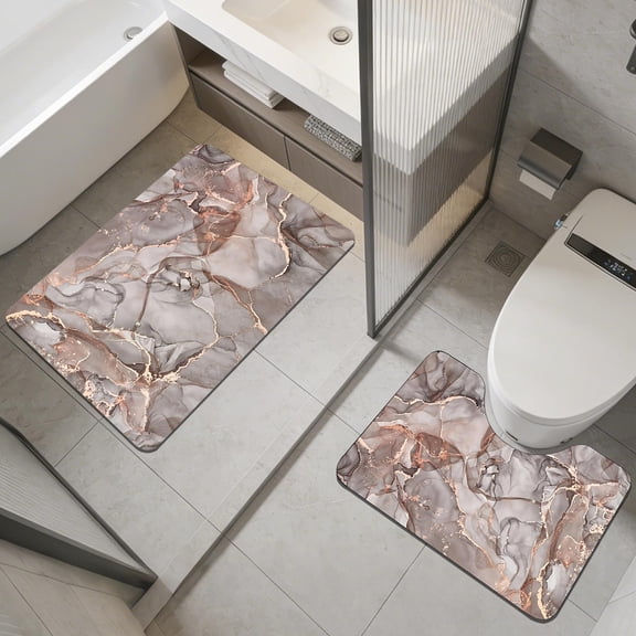 RuiJiao Diatom Mud U Shaped Bath Mat, Polyester Multicolor Non-Slip Absorbent Quick Drying Bathroom Floor Mat 2 Pcs Set
