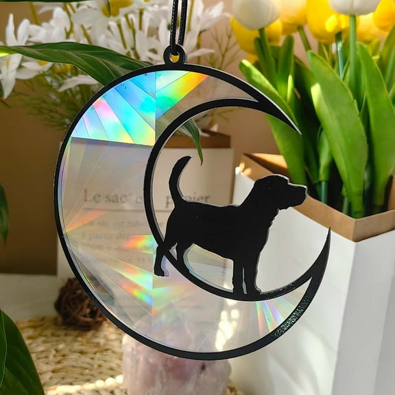 RuiJiao Dog Moon Suncatcher, Angel Memorial Statue - Stained Glass Window Hanging, Pet Sympathy Gift