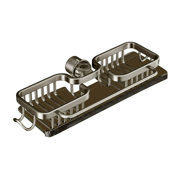 RuiJiao Double Basket Faucet Storage Rack, Aluminum Sink Organizer with Hooks and Drip Tray, Heavy Duty Space Saving Kitchen Bathroom Rack, No Drill Installation