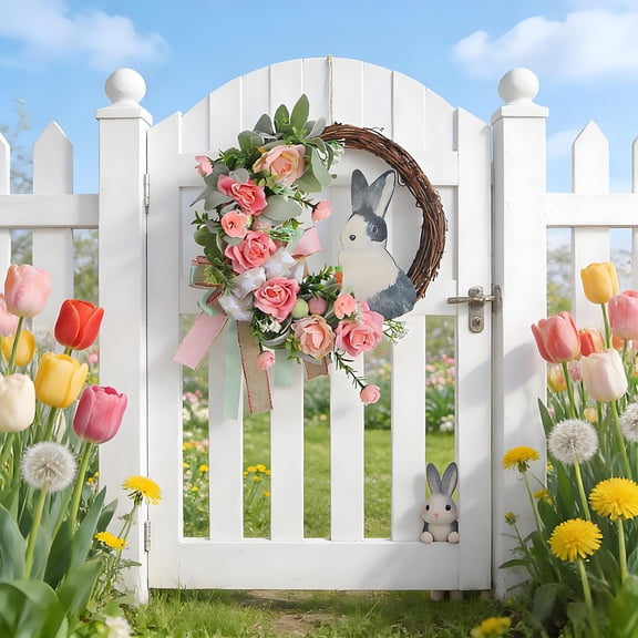 RuiJiao Easter Bunny Ribbon Wreath, Multicolor Plastic Holiday Door Hanger for Spring Wall Decor with Floral Design