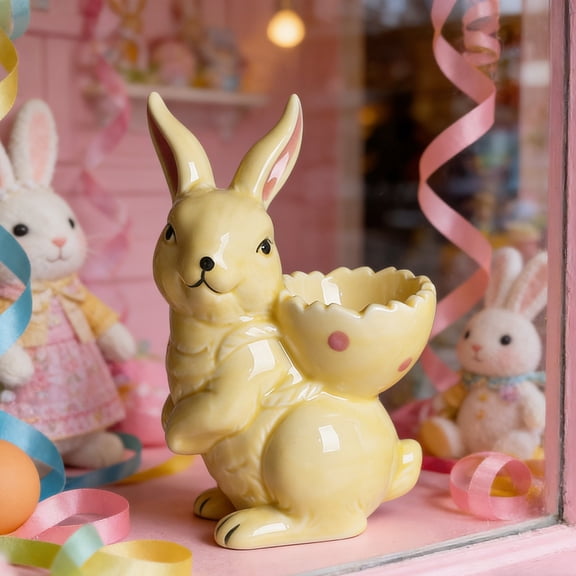 RuiJiao Easter Ceramic Bunny Egg Holder, Hand Painted White Yellow Springtime Joy Home Decor for Tabletop Display