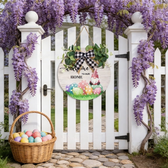 RuiJiao Easter Wooden Door Hanger with Green Plants, Handcrafted Rural Welcome Sign for Spring Festival Home Decor, Beige Brown Multicolor, 30x30cm