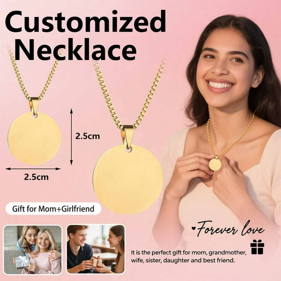 RuiJiao Engraved Stainless Steel Round Pendant Necklace with Custom Photo Text, Glossy Finish Color Print Holiday Gift