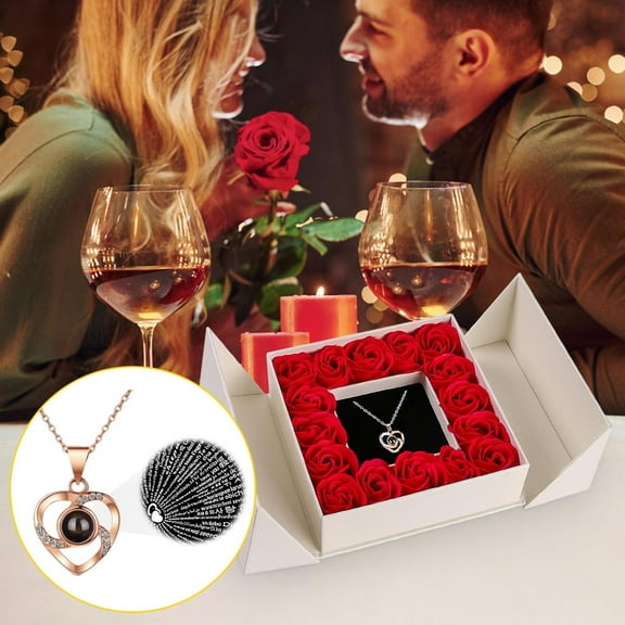 RuiJiao Eternal Preserved Red Real Rose Gift Box with Heart Projection Necklace and 16 White Flowers, Romantic Valentine's Day Gifts for Her, Wife, Mom, Grandma (Unique Design)