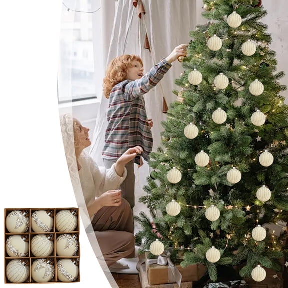 RuiJiao Flocking Painting Set, 8cm Christmas Ball Ornaments, 9Pcs Plastic Decorations in Beige, Wine, Brown, Army Green
