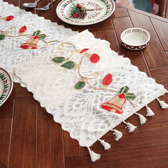 RuiJiao Gift Christmas Bells Hollow Table Runner, Elegant Polyester Design, White Color, 33x150cm Size