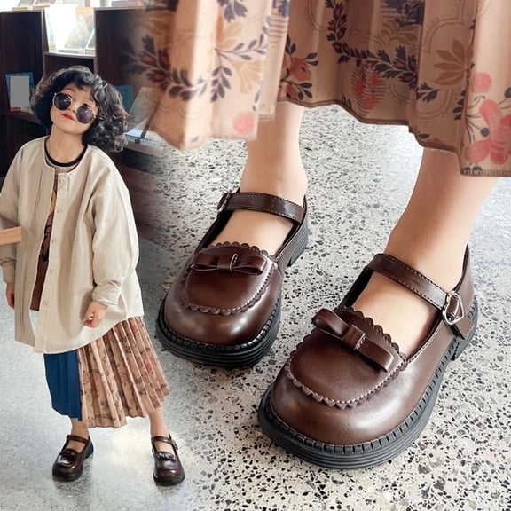 RuiJiao Girls' Mary Jane Shoes Soft-Soled Non-Slip Bow-Decorated Artificial Leather in Black and Brown for Casual Wear