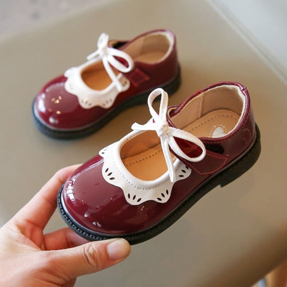 RuiJiao Girls Princess Sandals with Bow Detail, Synthetic Leather, Soft Sole for Spring Summer in Black Burgundy