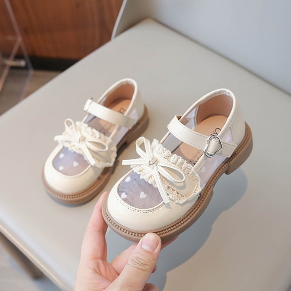 RuiJiao Girls' Princess Sandals with Lace Bow, Flat Soft Sole, Breathable Mesh, Adjustable Buckle Strap, Non-Slip Sole in Black and Cream White