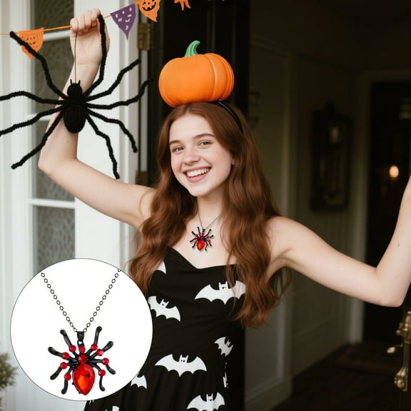 RuiJiao Glass Spider Pendant Necklace, Black Plastic Halloween Jewelry with Red Crystal for Gothic Costume Parties and Accessories