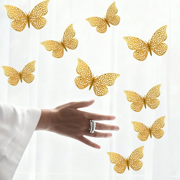RuiJiao Gold 3D Metallic Butterfly Wall Stickers 12pc, Removable Self-Adhesive Decor for Birthdays, Party, Home Decoration (3/4/5in)