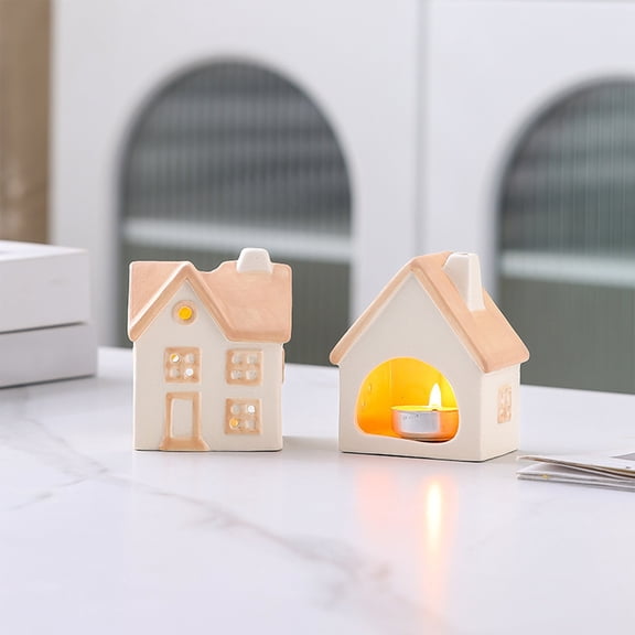 RuiJiao Hand-painted White Ceramic House Candlestick, European-style Hollow Design for Romantic Desktop Decor