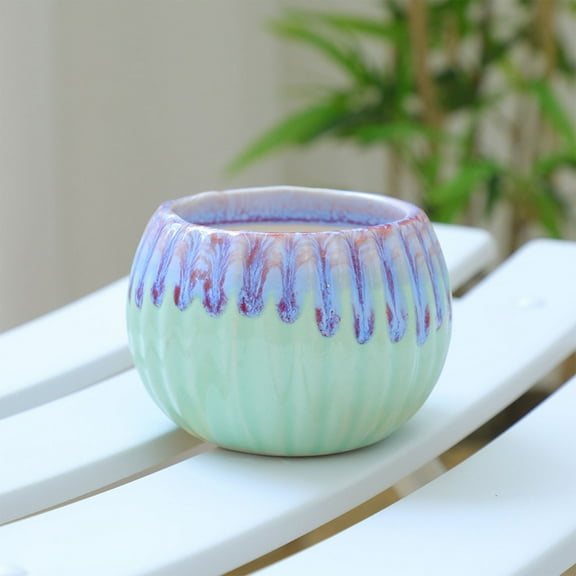 RuiJiao Handmade Ceramic Cream Pumpkin Cactus Planter Breathable Vertical Small Flower Pot with Colorful Flowing Glaze for Succulents