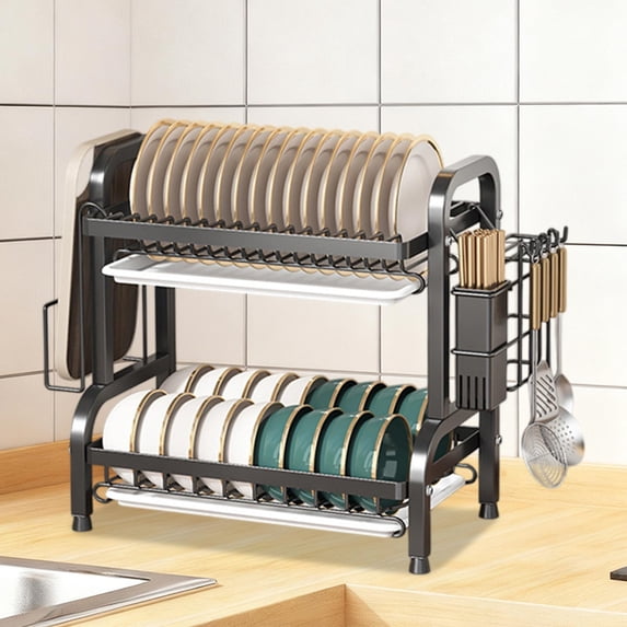 RuiJiao Heavy-Duty Iron Kitchen Dish Rack with Utensil Holder, Multi-Functional Countertop Organizer for Plates, Bowls, Knives and Chopsticks, 43x39cm Large Capacity (Black/Green/Gold)