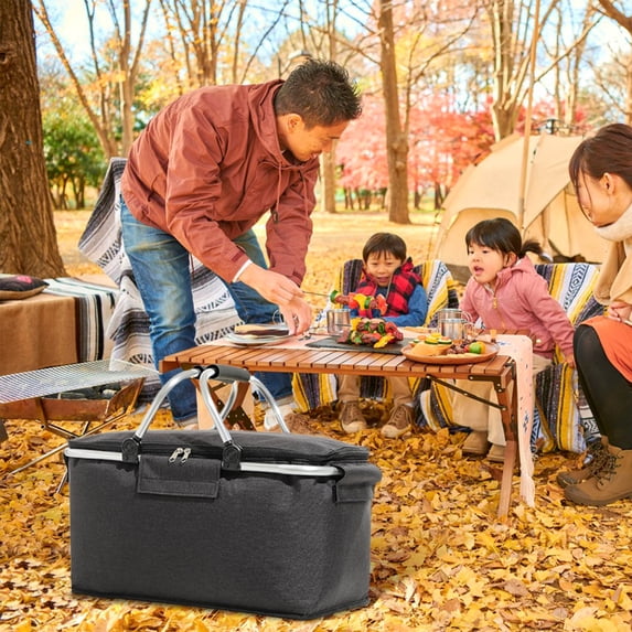 RuiJiao Insulated Folding Cooler Bag for Picnic Camping, Water Resistant Portable Food Storage with Handles, Gray and Navy Blue