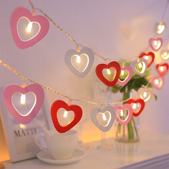 RuiJiao LED Wooden Heart String Lights 20 Lights 3m Pink Multicolor Battery Powered Romantic Valentine Decor