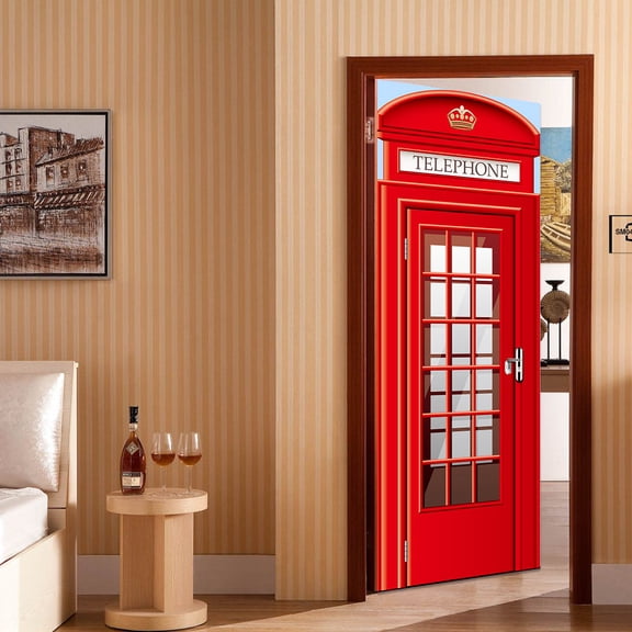 RuiJiao London Telephone Box PVC Door Sticker DM010 3D Wall Decal for Home Office Decor 2 Pack