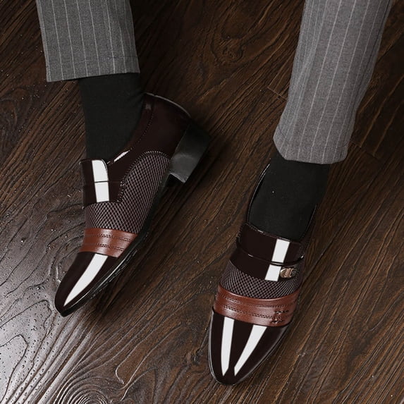 RuiJiao Men's Formal Leather Shoes Breathable Mesh Business Oxfords with Buckle Detail Comfortable Low Heel Dress Shoes