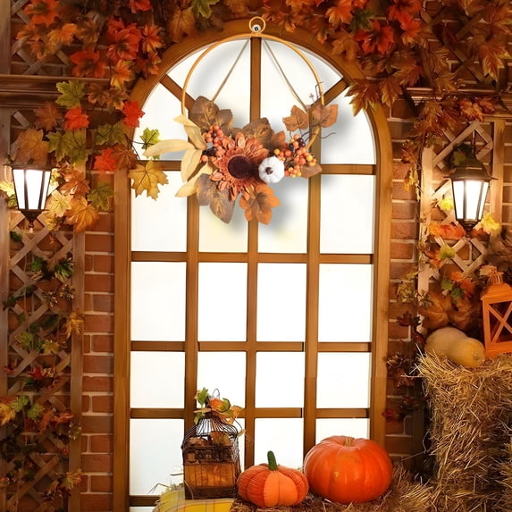 RuiJiao Painted Iron Wreath for Autumn Weddings Rustic Metal Bridesmaid Flower Girl Handheld Decor with Artificial Maple Leaves and Pumpkin, Blown Finish Wall Hanging Decoration