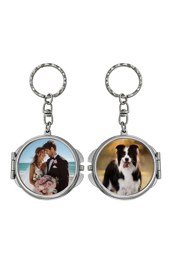 Personalized Compact Mirror Keychain with Custom Photo, 5 Shape Choices, Gold/Silver Metal Frame, Portable Folding Vanity Mirror for Travel Makeup Purse Gift