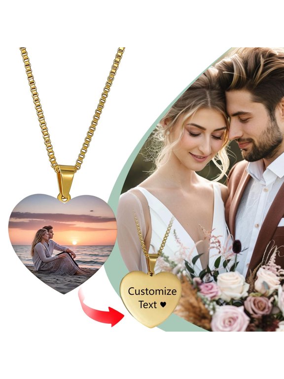 Personalized Photo Heart Necklace Stainless Steel Custom Name Gift