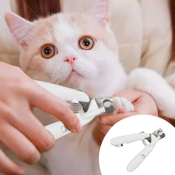 RuiJiao Pet Nail Scissors with LED Light and Safety Lock, White Plastic Trim Clippers for Cats/Dogs, Stainless Steel Blades, Transparent Guard, Spring-Loaded Design for Safe Pet Grooming