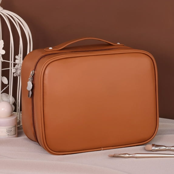 RuiJiao Premium Travel Cosmetic Organizer Bag, PU Leather Waterproof Makeup Case with Multi-Compartment, Portable for Women, White/Ink/Brown, 9.84x7.28x4.33 Inch