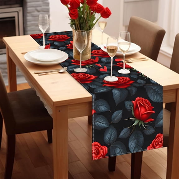 RuiJiao Romantic Valentines Day Table Runner Linen with Red Rose Patterns for Wedding Party Decor 13x108 Inches