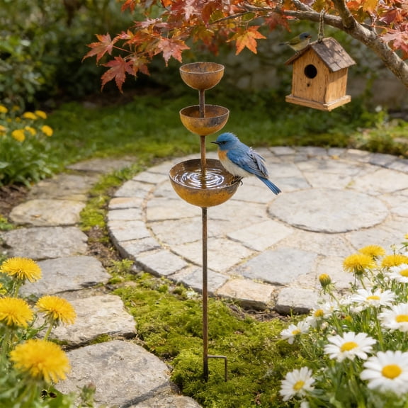 RuiJiao Rustic Iron Garden Water Station for Small Animals, Multicolor 3-Tier Outdoor Decor with Butterfly Bath and Bird Feeder