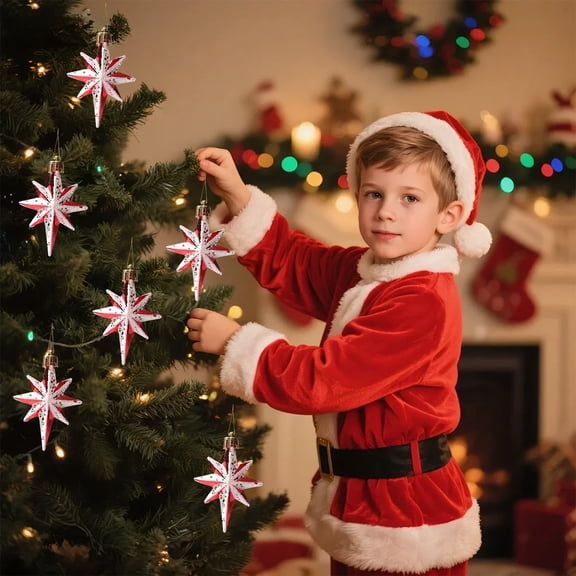 RuiJiao Set of 6 Red and White Plastic Christmas Tree Ornaments, Multi-Point and Five-Point Star Decorations, Durable Sparkling Festive Holiday Xmas Decor for Indoor/Outdoor