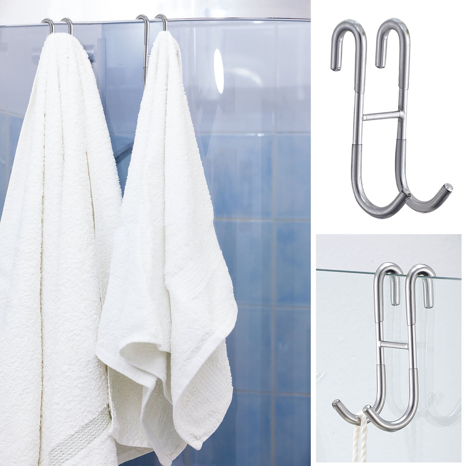 NINETREX Shower Door Hooks - No Drill Towel Hooks For Frameless Glass Doors, 304 Stainless Steel, 2 Pack, 10 Inch